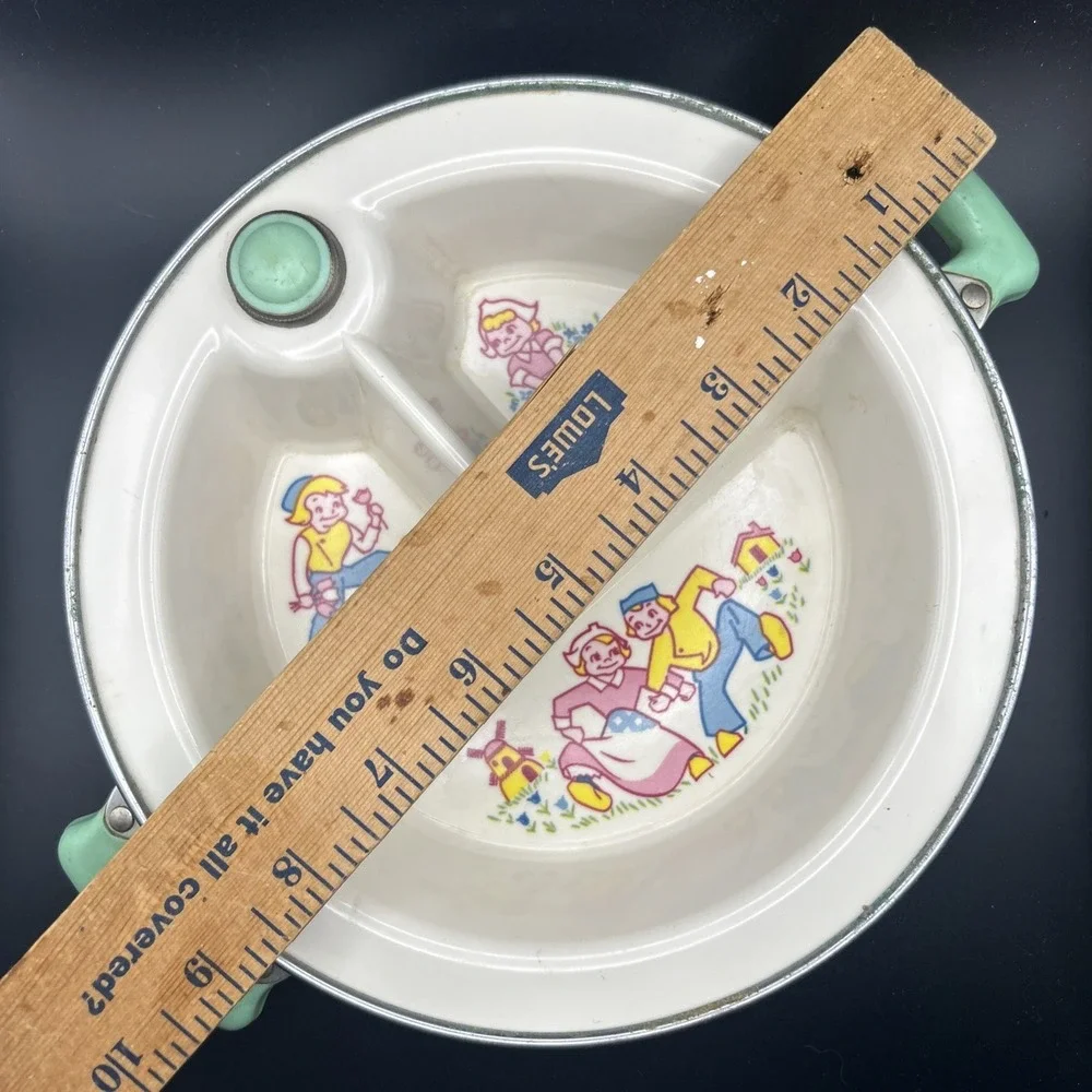 Vintage Boy & Girl Green Water Heated Baby Food Warmer Divided Dish Screw Plug